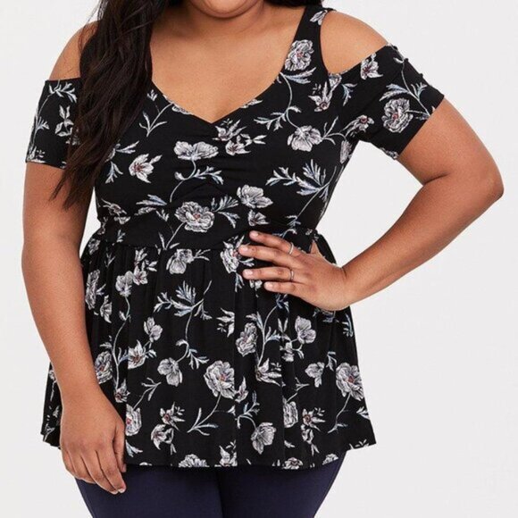 Torrid Black Floral Cold Shoulder Studio Knit Peplum Top Size 3 Office Casual - Picture 4 of 8